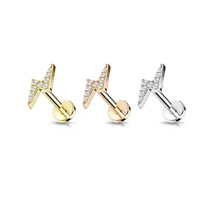 16G Lightening Bolt Piercing CZ Pave Minimalist Ear Cartilage Helix Tragus Conch Labret Stud Flat Back Earring Silver Gold Rose Gold 16G 6mm 8mm