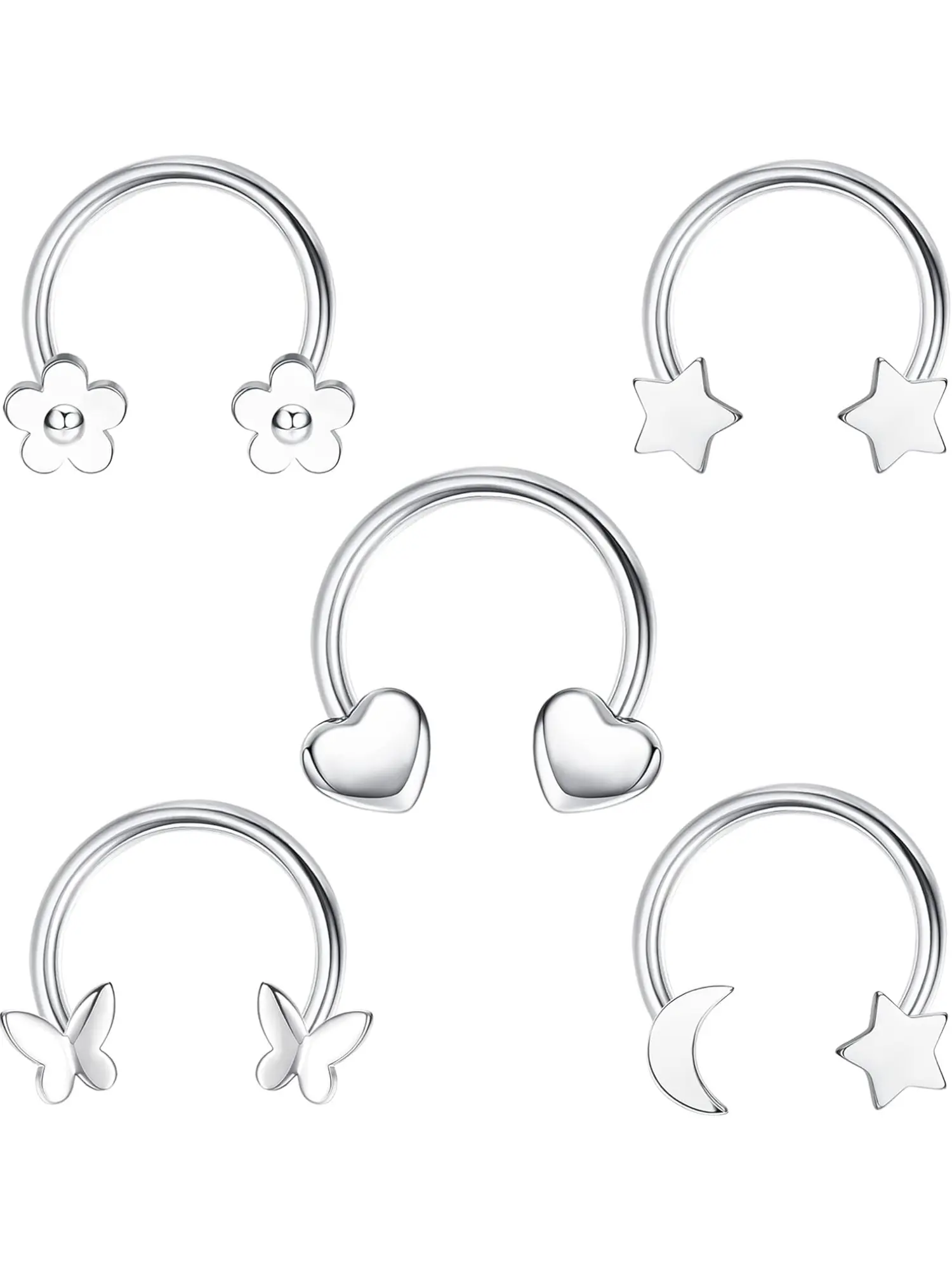 5 Pcs Silvery Cute Flower Star Heart Septum Jewelry Set, Nose Rings Hoops, for Women Men Sturdy Stainless Steel Unisex Septum Nose Rings Smooth Skin-friendly Durable for Daily Wearing Nose Piercing Jewelry
