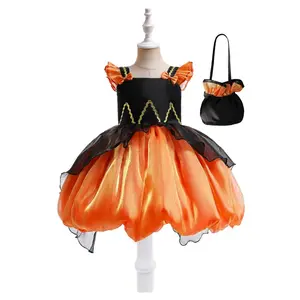Orange Kids Clothes Vintage Halloween Dress with Bag Black Children Cosplay Costume Fancy Carnival Pumpkin Witch Vampire Party Holiday Princess Frock  3-8Y