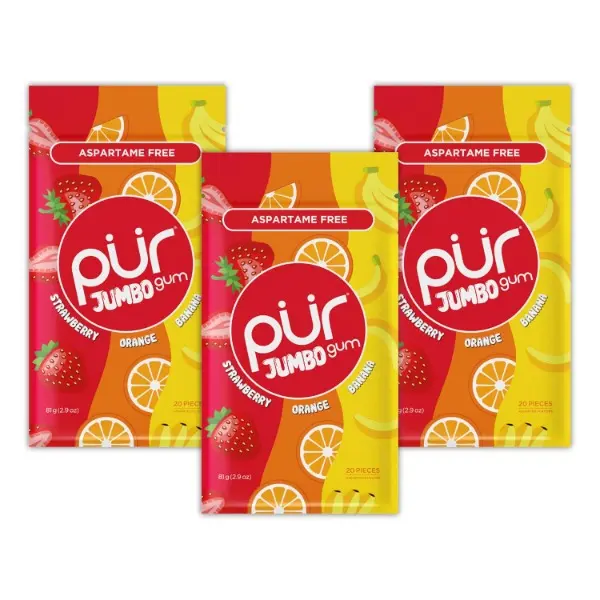 Aspartame-Free Xylitol Chewing Gum - 100% Xylitol, Natural Strawberry Banana Orange Flavors, 20 Pieces per Pack (Pack of 3) - Camping Essential Snack