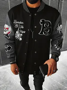 Men's Gothic Skull Spider Web Baseball Jacket, Street Style Outerwear with Bat Patch and Letter B Embroidery, Y2K Punk Hip-Hop Fashion