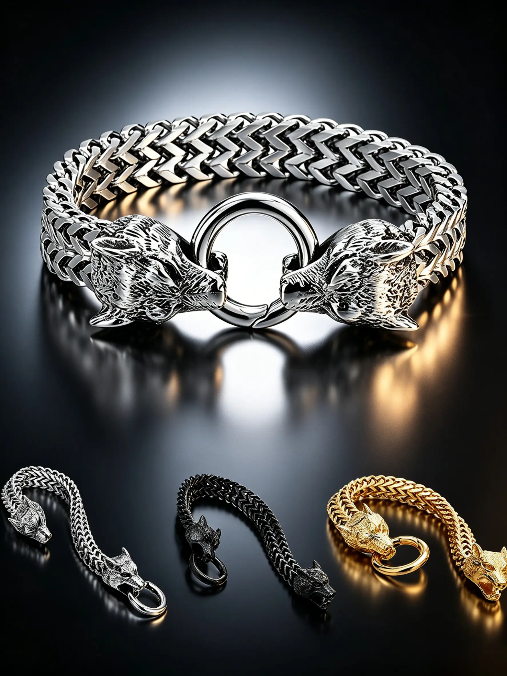 2PCS Men's Viking Wolf Head Stainless Steel Jewelry Bracelet Set | Gold + Black Dual Pack | Bold Double Wolf Head Clasp Design | Retro Norse Mythology Style | Hypoallergenic & Fade Resistant | Hip Hop Streetwear Accessory, Link Bracelet, Metal Bracelet