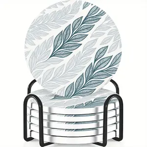 6-Piece Coaster Set Blue Leaf Design Ceramic Non-Slip Heat Resistant for Coffee Drinks Home Restaurant Decor Perfect Birthday Gift