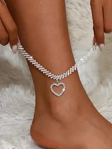 1pc Glamorous Rhinestone Decor Heart Charm Anklet For Women, Suitable for Daily Wear, Beach, Wedding and Party