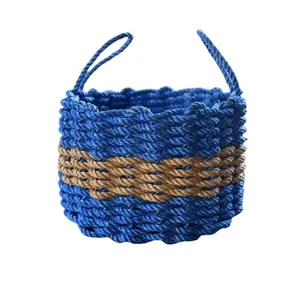 Blue & Tan Handwoven Lobster Rope Basket – Coastal Outdoor Storage Bin