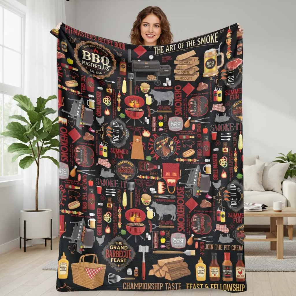 BBQ Masterclass Super Soft Anti-Pilling Wrinkle-Resistant Flannel Throw Blanket, Barbecue Grill & Smokehouse Print Decorative Blanket for Outdoor Camping, Backyard Parties