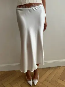 Elegant Lace Patchwork Bodycon Skirt for Women, Womenswear Street Style Satin Low Waist Mermaid Midi Skirt, Retro Plaid Commuter Wear