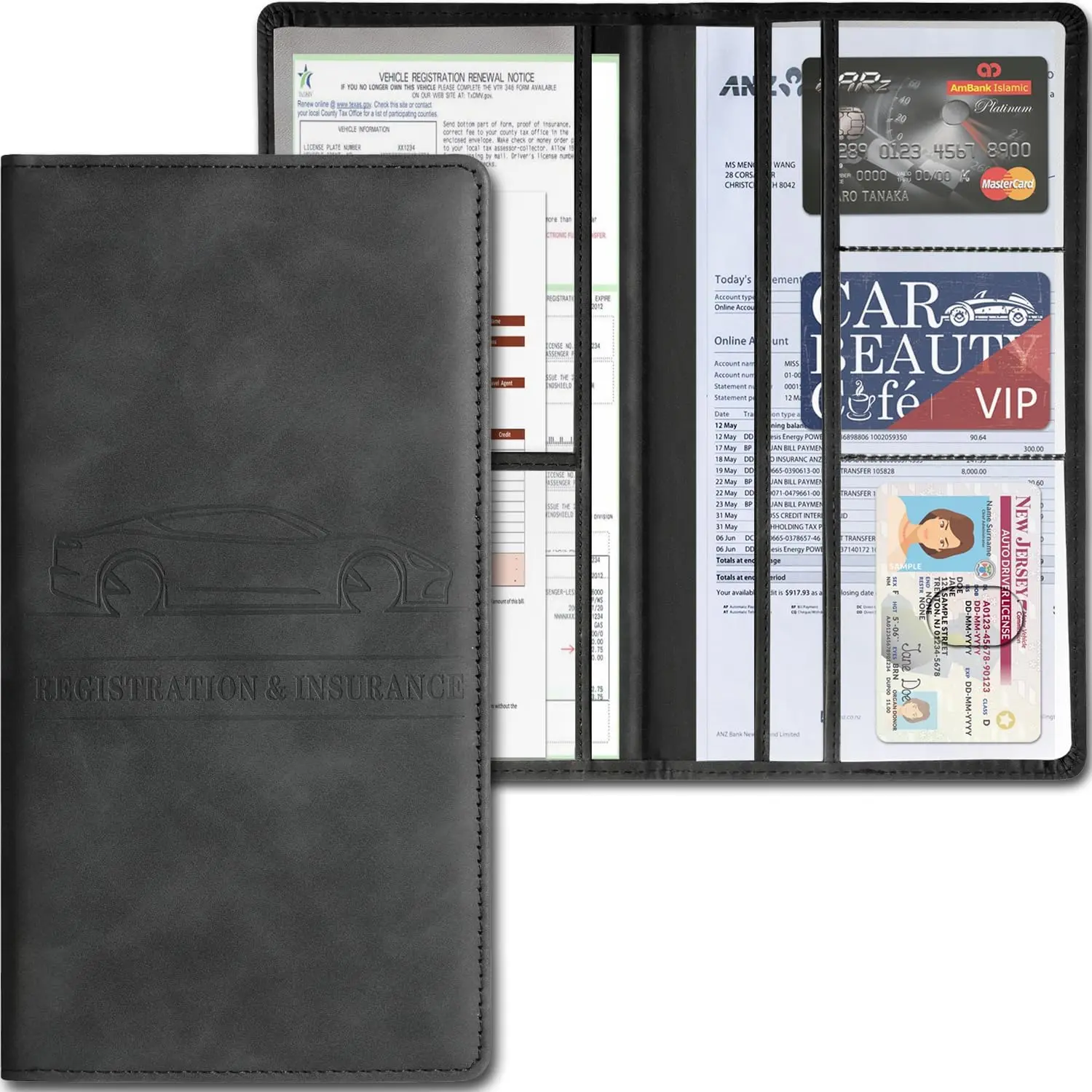Leather Vehicle Accessories Cardholder - Magnetic Shut, Lightweight, Easy to Carry, Large Space Auto Document Organizer for Cars/Trucks Driver License, Registration, Insurance (Black), Auto Accessories, Glove Box