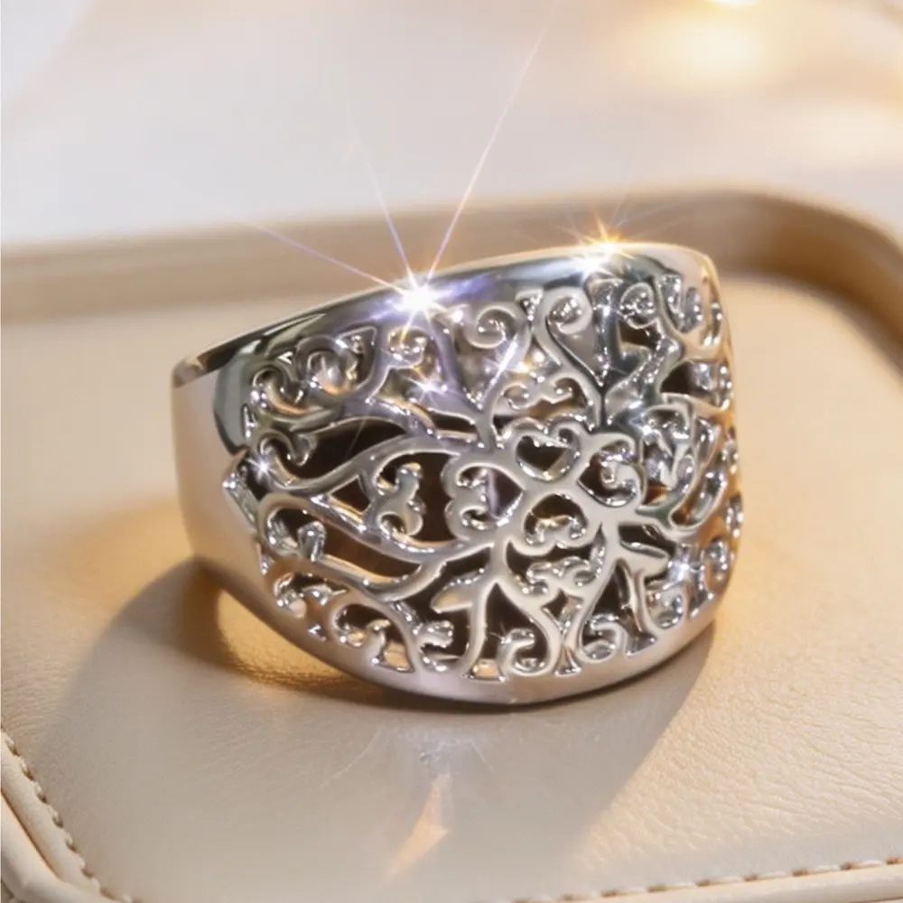 Wide Filigree Statement Ring, Two Tone Gold Silver Tone, Openwork Floral Scroll Design, Vintage Inspired Band, Ideal for Daily Wear & Occasions