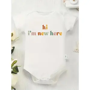Cute Baby Bodysuit With Hi Im New Here Print Soft Versatile Round Neck Button Detail Regular Fit All Seasons Knitted Fabric Onesie For 0-12 Months