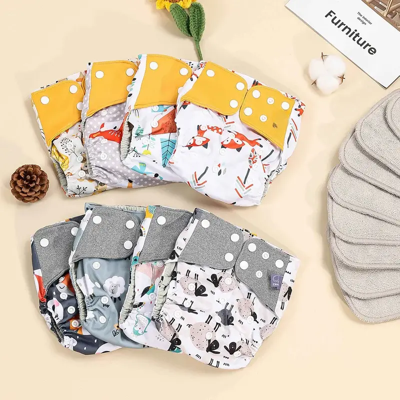16-Piece Chemical-Free Nappy Set, Gray Polyester Kit with 8 Waterproof Pocket Diapers & 8 Microfiber Inserts, Adjustable Fit for Unisex Babies 0-1Y