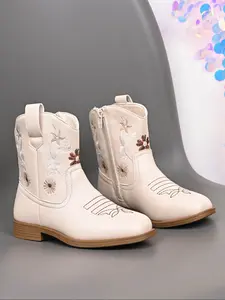 Autumn Winter New Girl's Short Boots, Round Toe Cowboy Boots, Floral Embroidered Soft PU Leather, Convenient Side Zip Design, Stylish and Comfortable