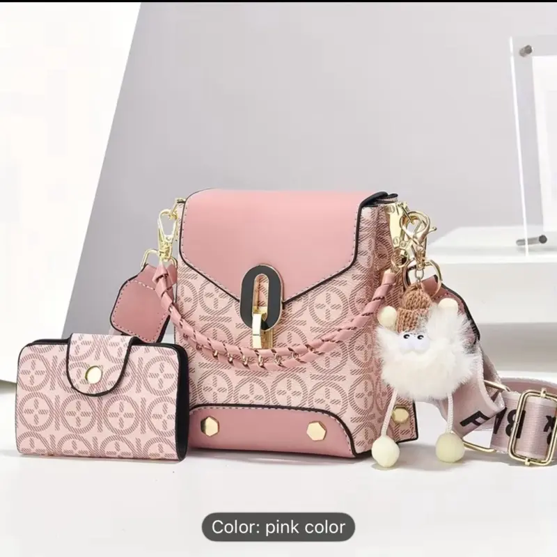 Elegant Pink Hand Bag with Matching Wallet and Keychain Accessory