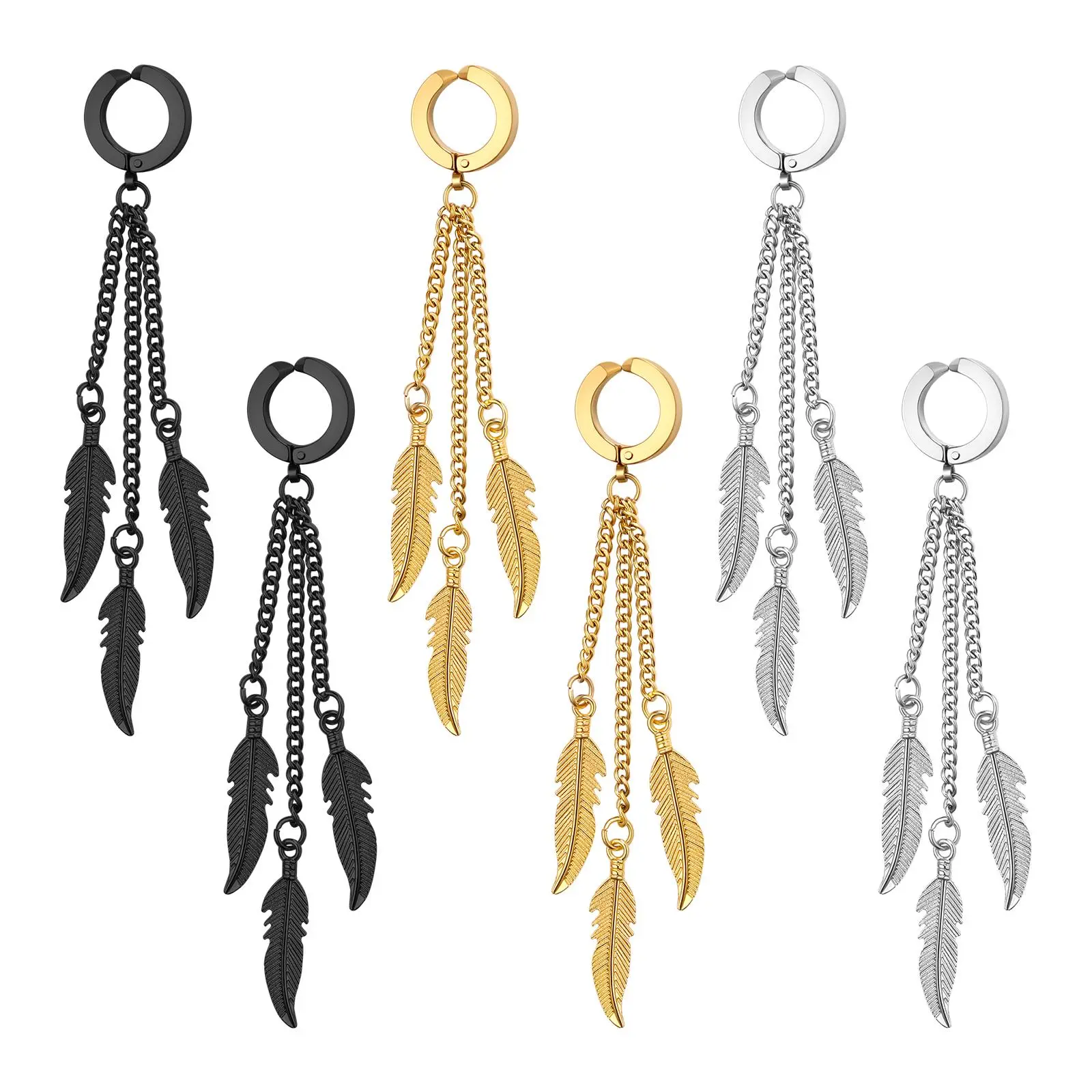 OIDEA Stainless Steel Feather Tassel Clip-On Hoop Earrings - Non-Pierced, Non-Tarnish Clips Earrings for Women, Black Metal Grunge Halloween Themed Costume Jewelry, Non Tarnish Earrings