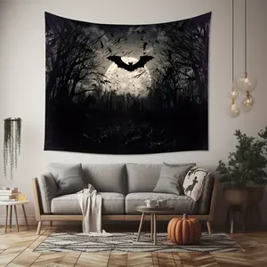 Spooky Halloween Synthetic Tapestry - Bats Motif, Dark Forest Aesthetic Wall Art, Gothic Vibe Home Decor, Halloween Decorations for Living Room, Gift for Horror Fans