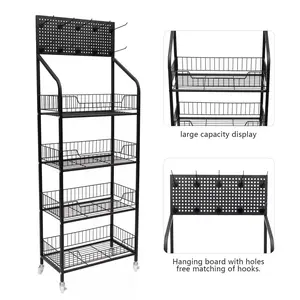 4-Tier Metal Wire Storage Shelf Display Rack Retail Display Rack Stand with Wheels Snack Display Snack Candy Display Organizer for Kitchens, Bedrooms, Laundry Rooms, Playrooms