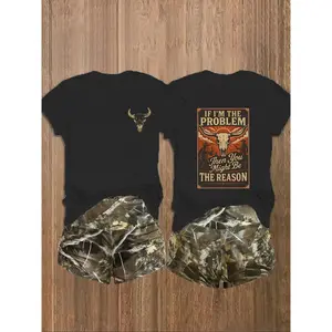 Women's T-Shirt, Casual, Comfortable Fabric, Crew Neck Short-Sleeve, Loose-Fit, & Camouflage, Western Skull & Slogan Graphics