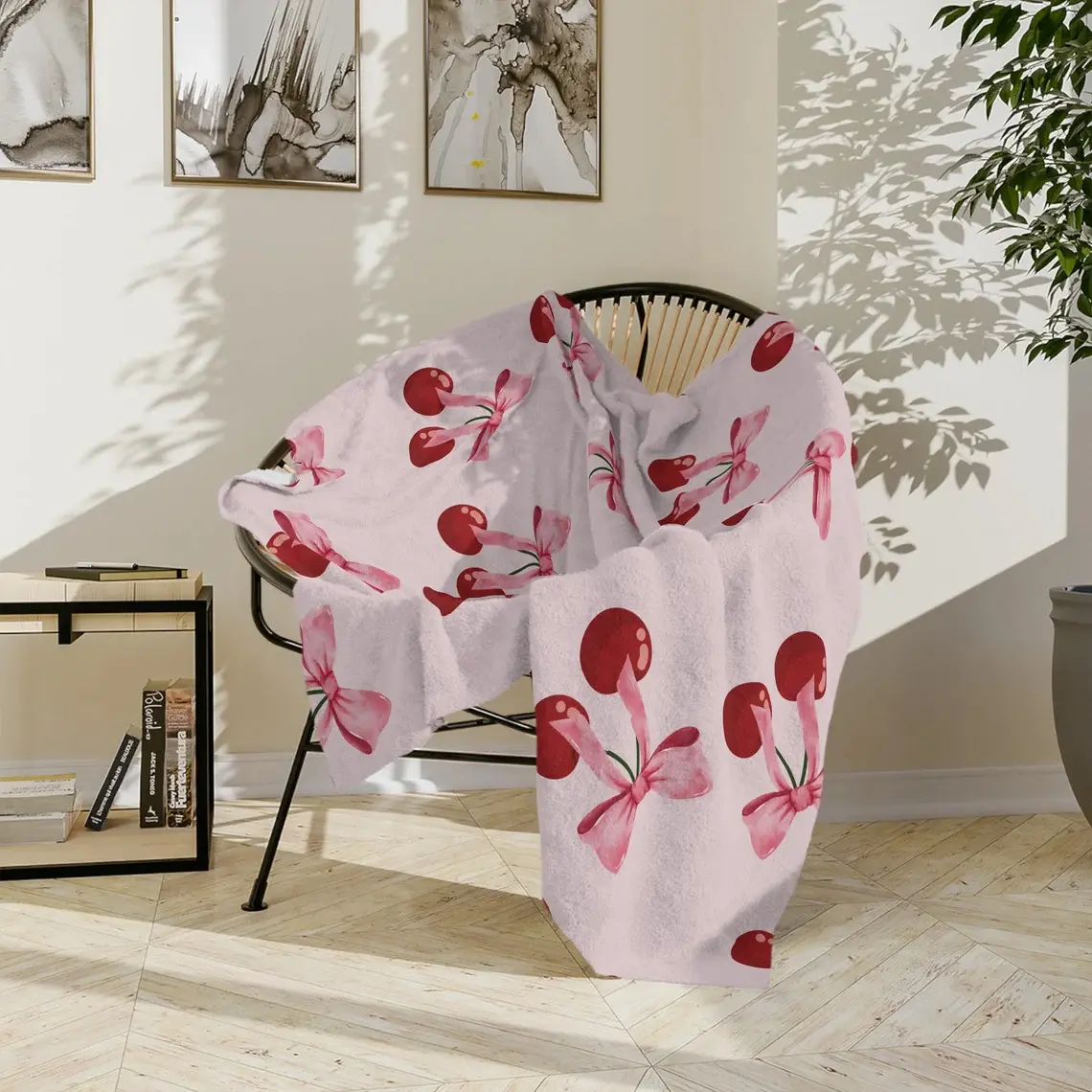 Soft Minky Plush Blanket - Cherry & Pink Bow Design, Coquette Style, Quilted Texture, All-Season Use, Machine Washable, Contemporary Decor, Perfect Gift for Her, Home Textile Throw Blanket