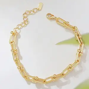 14K Gold Plated Paperclip Chain Bracelet with Ball Accents, Dainty Adjustable Link Bracelet for Women, Minimalist Stackable Everyday Jewelry