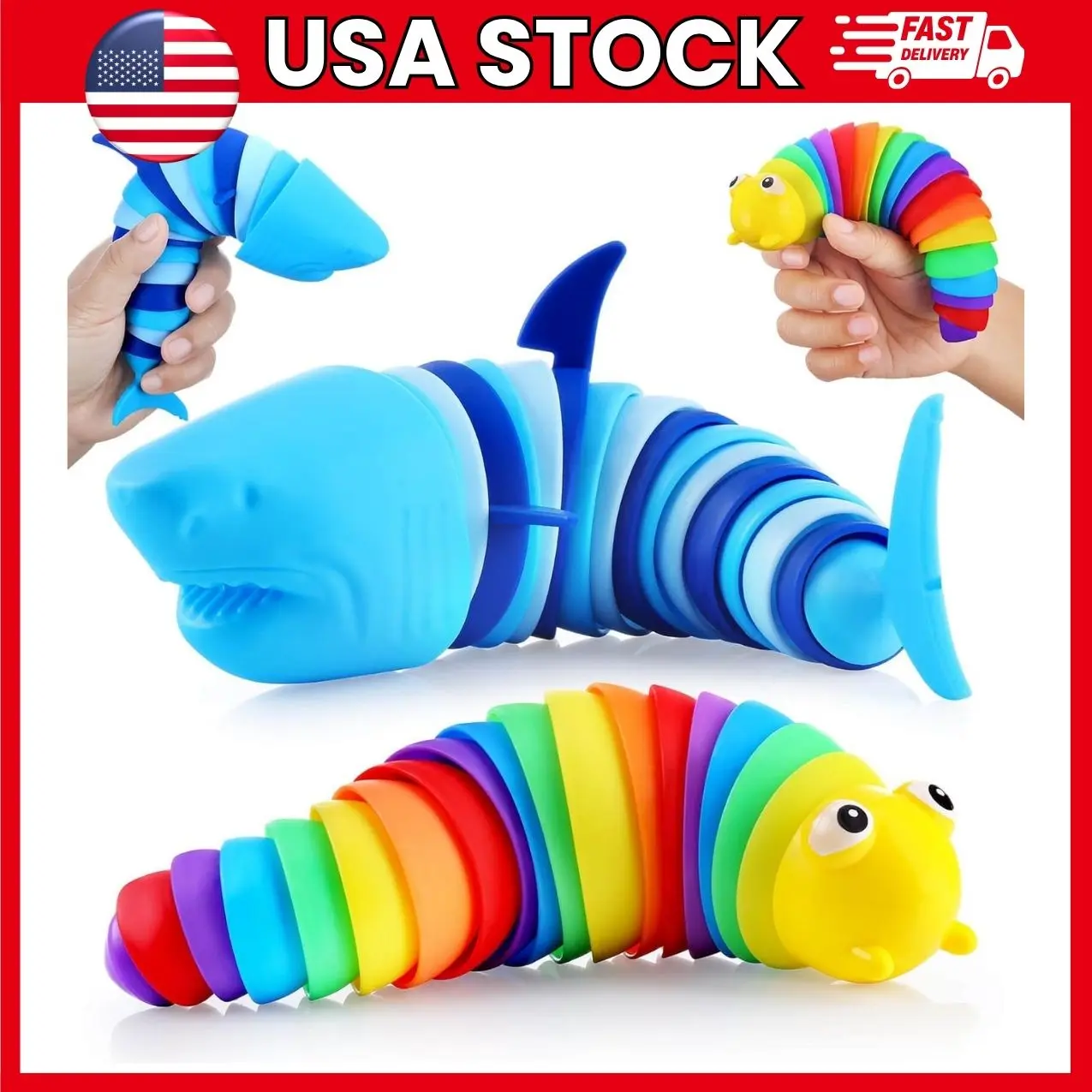 Sensory Fidget Toys, Slug and Shark Fidget Figures with Articulated Segments, Clicker Stress Relief Toys for Kids Ages 3+, Tactile Sensory Toys for Home, Travel and Classroom | sensory fidget toys,slug fidget toy,shark fidget toy,fidget toys for