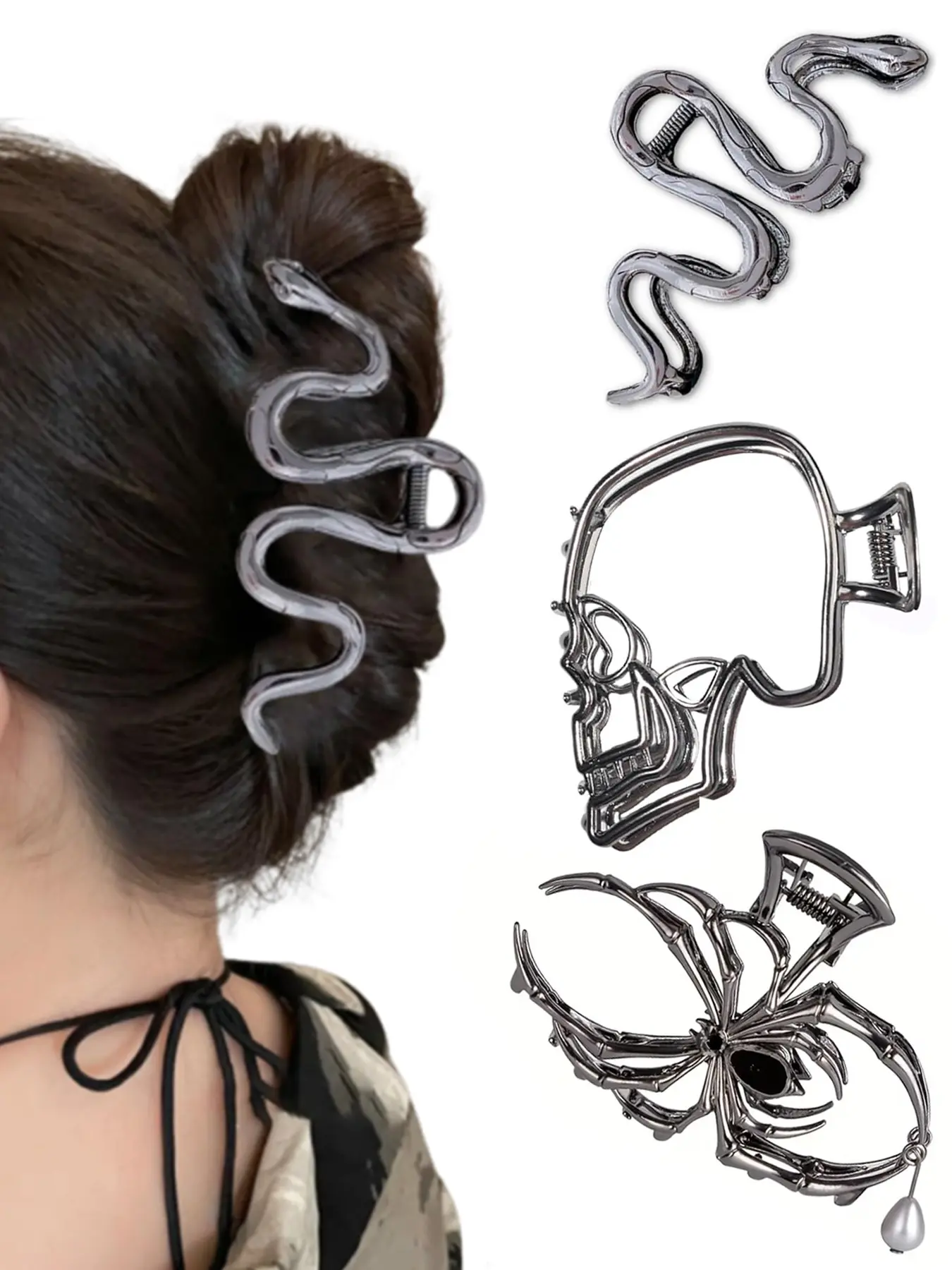 3 Pcs Metal Hair Clips for Women, Hair Claws Set, Large Hair Claw Clips for Thick Long Hair Updo Styling with Spider Webs Skeleton Decor, Goth Hair Accessories, Gifts, Spider Web Design, Claw Clip Pack, Hair Style Accessory
