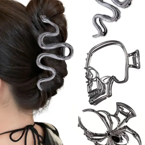 3 Pcs Metal Hair Clips for Women, Hair Claws Set, Large Hair Claw Clips for Thick Long Hair Updo Styling with Spider Webs Skeleton Decor, Goth Hair Accessories, Gifts, Spider Web Design, Claw Clip Pack, Hair Style Accessory
