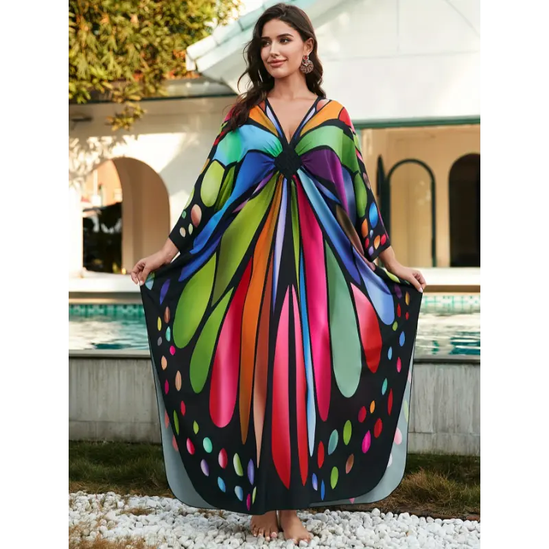 Bohemian style Women's Boho Style Cover Up, Plus Size Colorful Butterfly Print V Neck Woven Design Loose Fit Beach Kaftan Dress