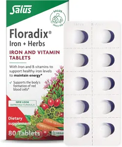 Floradix Iron Tablets - Iron Supplement with B Vitamins, Folic Acid, Vitamin C & More - Energy Support - Vegetarian & Gluten-Free - 80 Tablets (80 Servings)