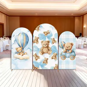 15-day Delivery Blue Cute Bear Baby Shower Arch Backdrop Cover We Can Bearly Wait Boys balloon Bows Plaid