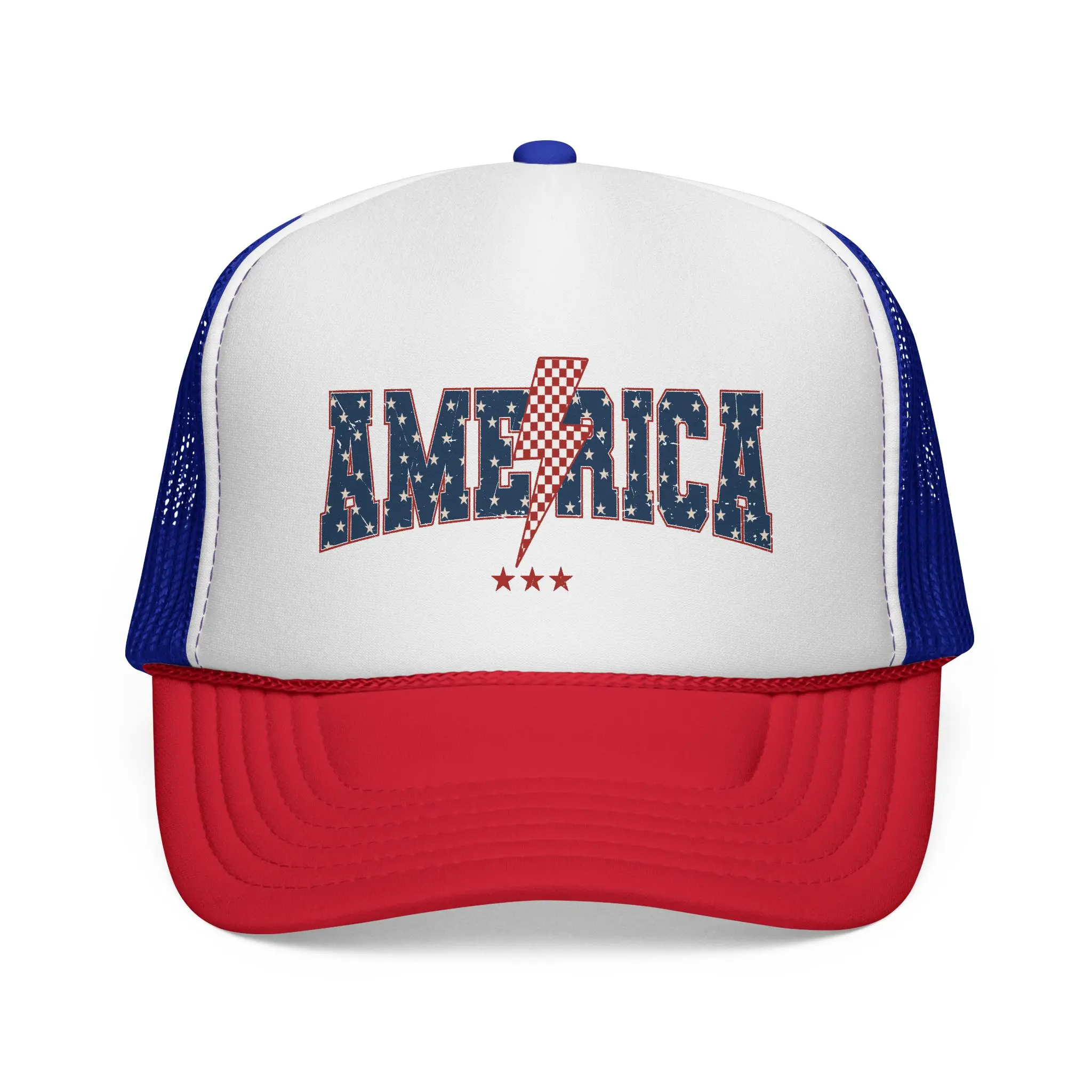America Printed Trucker Cap - Lightning Graphic, Patriotic Stars & Stripes Design, Graphic Festival Hat, Graphic Festival Hats, Lightning Graphic Hats