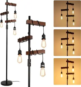 YYDS Dimmable Industrial Floor Lamp, Farmhouse Tree Floor Lamp, 68 Inch 3 Lights Wood Standing Lamp, Sturdy Base Tall Vintage Pole Light, Metal Black Floor Lamps for Living Room Bedroom Office Rustic Home