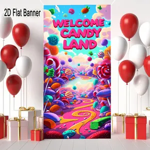 2D flat banner, 1pcWelcome Candy Land Whimsical Backdrop, Fantasy Candy Landscape Party Decor, Bold Pink Bubblegum Letters & Oversized Colorful Candies Scenegalentines party decor, valentine day decor, decorations for valentines day