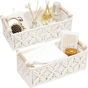Macrame Storage Basket Boho Decor Baskets for Organizing Woven Decorative for Countertop Toilet Paper Basket for Tank Top for Home Decor Bedroom  Livingroom Entryway (Set of 2)