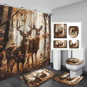 Creative Christmas Deer Scene Bathroom Set, Includes Shower Curtain, Toilet Seat Cover, Bath Mat, U-Shaped Pad, Home Decor Essentials, Shower Curtain Sets