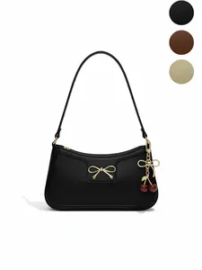 Women's Cute Half-Moon Bow Cherry Shoulder Bag Crescent Bag, Fashion Casual Style, Plain Design, Suitable for All Seasons, Elegant Look