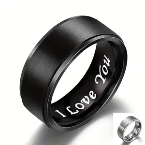 Men's Titanium Steel Engraved Ring Size 6-12 Black Romantic "I Love You" Font for Wedding Anniversary Valentine's Day Gift Personalized Jewelry