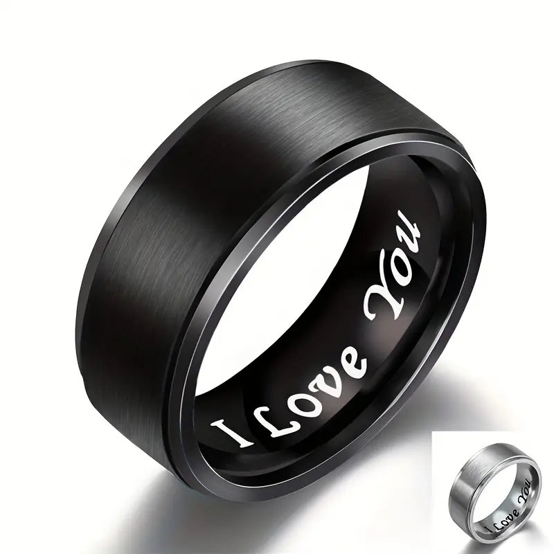Men's Titanium Steel Engraved "I Love You" Black Ring (Sizes 6-12) - Wedding Band, Jewelry, Intimate Gift for Boyfriend for Anniversary, Valentine's Day