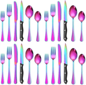 24-Piece Rainbow Stainless Steel Silverware Set Service for 4,  Mirror Polished Utensils with Steak Knives, Including Knive，Fork，Spoon, Suitable For Restaurant And Hotels,Dishwasher Safe Flatware Set