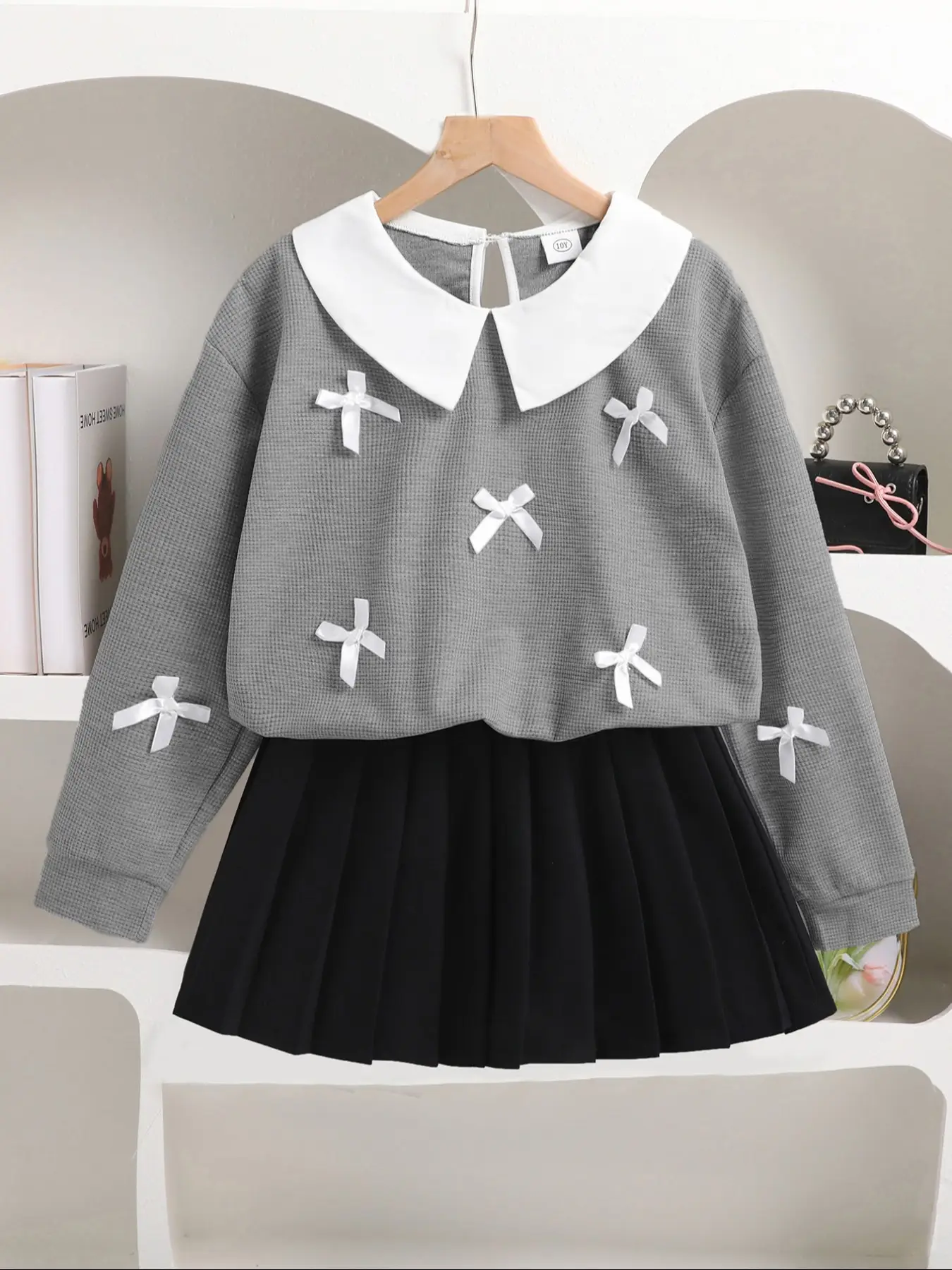 Girls 2-Piece Set with Collared Bow Long Sleeve Top and Skirt, Stylish Everyday for All Seasons, Perfect for Daily Outings