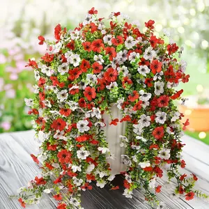 Four-pack of artificial hanging eucalyptus and violets, realistic hanging flowers, silk artificial flowers paired with artificial eucalyptus trees, suitable for patio, garden, porch, terrace, balcony, and home decoration (red and white).