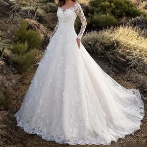 2025 Elegant Long Sleeve Lace Wedding Dress Solid Color Bridal Gown Sheer Fabric Formal Evening Comfortable Women's Dress Light Womenswear