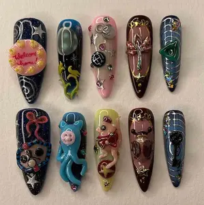 Chic Nail Studio Bite Me Press-On Nails, Red Mouth 3D Accents, Cartoon Stars & Stripes, Pink & Brown Palette, Bold Pop Style, Edgy Girl Look, Custom Press-On Nail, Handmade Cartoon Nail Art