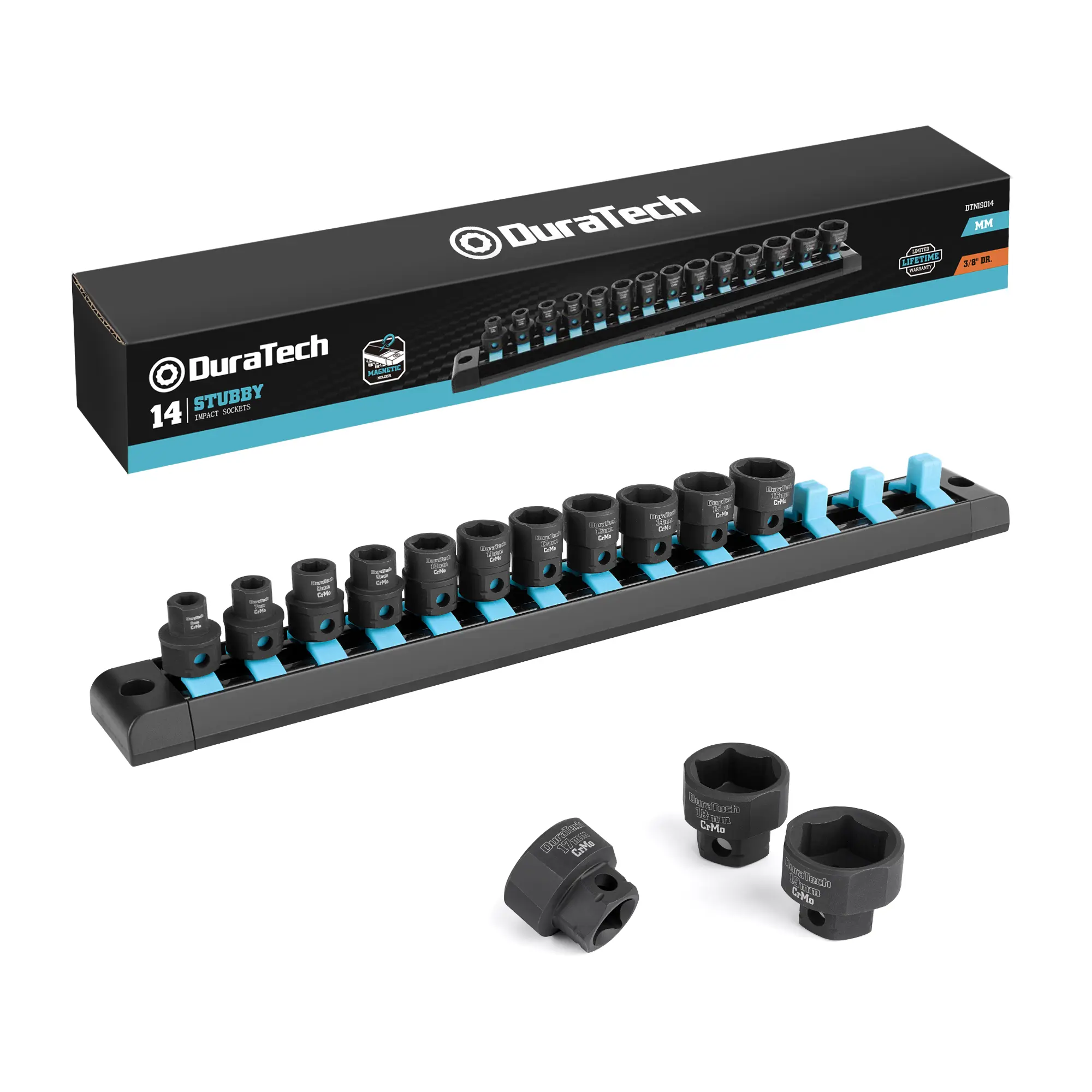#fathersdaygift DURATECH 3/8" Drive Stubby Impact Socket Set, Metric, Cr-Mo Steel, Organized in Magnetic Storage Rail