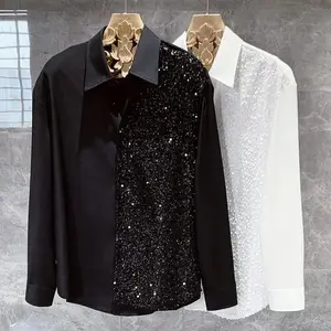 Men's Long Sleeve Sequin Shirt Fashion Night Party Stitching Button Unisex Lapel Solid Color Blouse Menswear Top Black & Beige