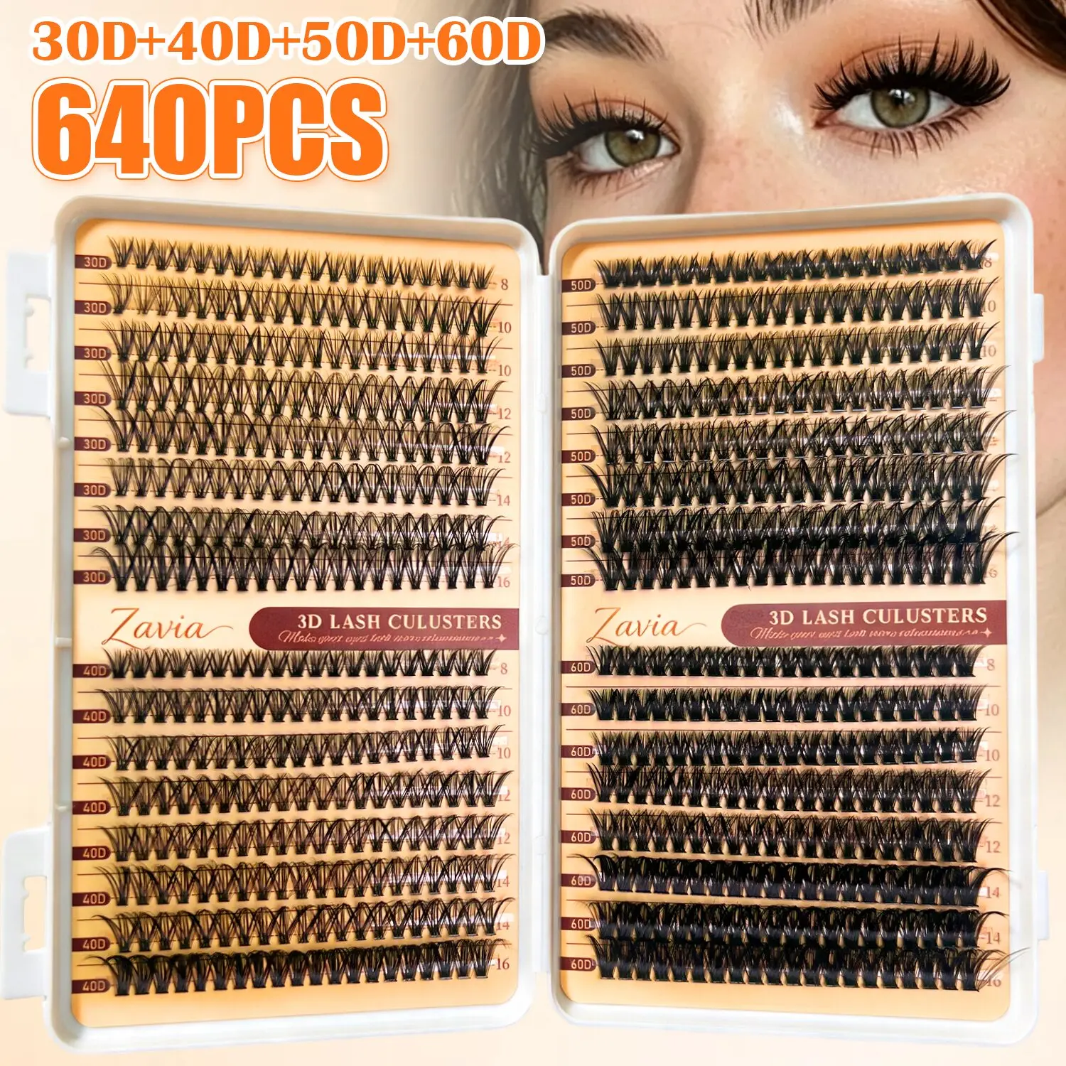Zavia 3D Flared Wispy Lash Clusters Cosmetic - Reusable DIY Eyelash Extension, 8-16mm Mixed Sizes, 30D-60D Multiple Densities, Lightweight Natural Fluffy for Beginners, Beauty Gift (Lashes Only, Glue Not Included)