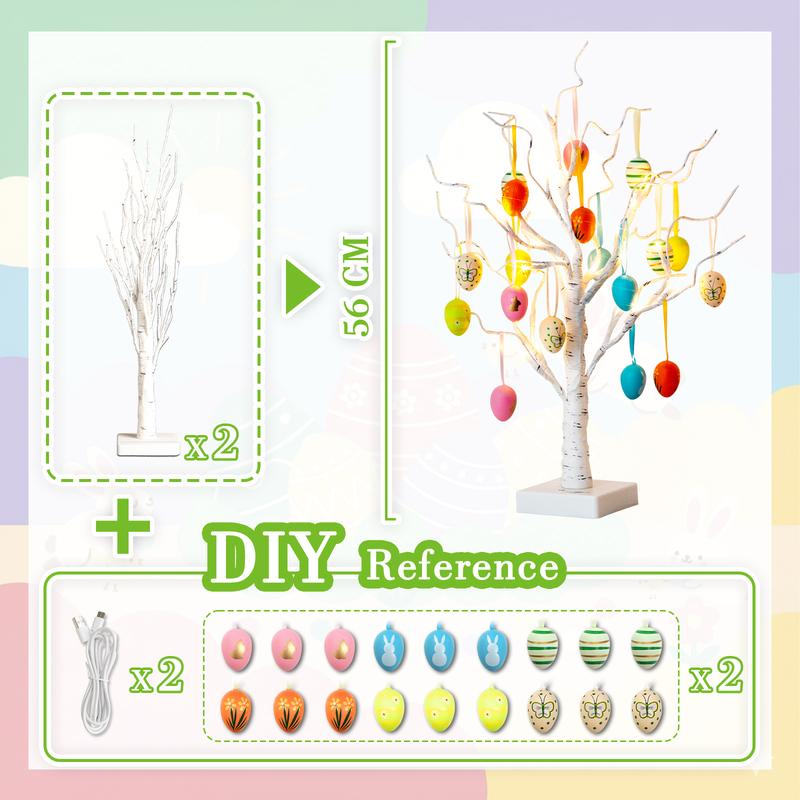 EAMBRITE Easter Decorations Lighted White Birch Tree with 18x2 Eggs Ornaments, 24 LED Lights, Battery Powered Timer, Tabletop Centerpiece for Spring Home Decor, 2 Pack