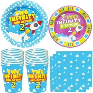 Cartoon Story 2nd Birthday Paper Plates Napkins and Cups Two inspired 2 to infinity inspired Beyond Bday Decorations Party Supplies Serve 30 Guests(Blue Sky 2nd Bday)