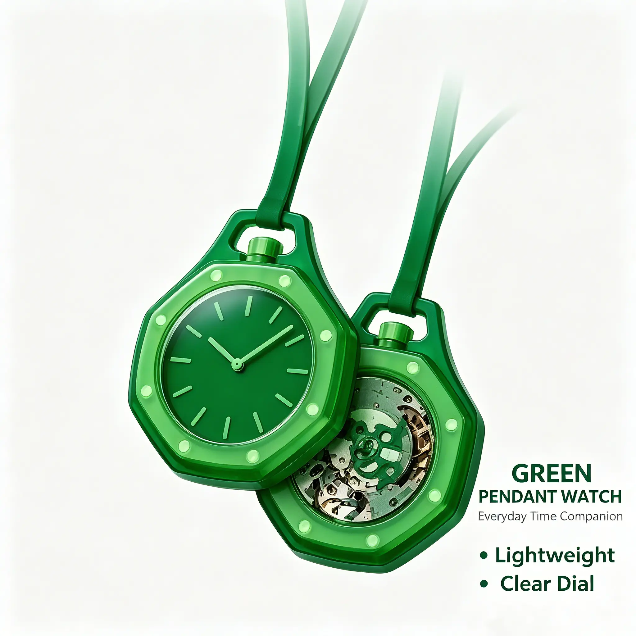 Transparent Emerald Green Octagon Pendant Pocket Watch, Double-Sided Bag Clip Hanging Watch with Leather Lanyard, Minimal Solid Color Analog Portable Timepiece, Lightweight Fashion Accessory Gift for Men Women