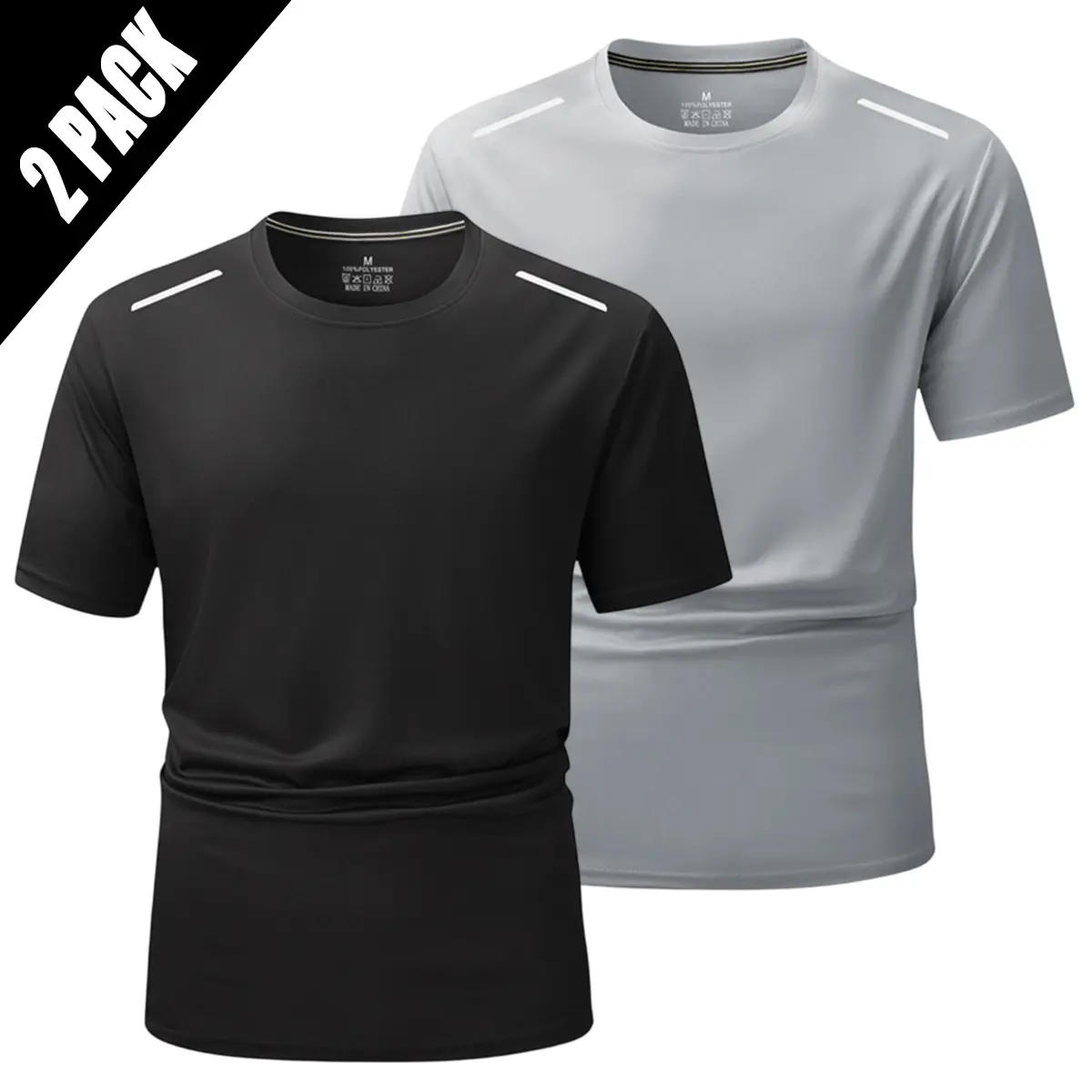 Men's 2-Pack Short-Sleeve Crew Neck T-Shirts - 100% Polyester, Moisture-Wicking, Breathable Mesh Performance Tops for Workout, Running, Casual OOTD - Plain, Fitted, Size M, Athleisure T-Shirts