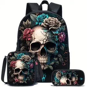 Three-piece black skull-patterned, large-capacity, durable backpack set: backpack/school bag, insulated lunch bag, and pencil case.